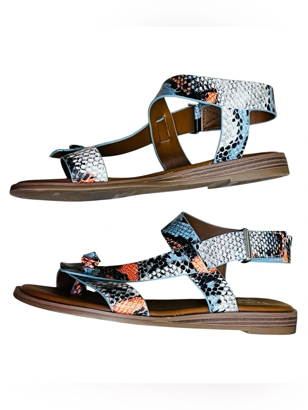 Franco Sarto Glenni Sandals Womens 6.5 M Snake Print Ankle Strap Toe-Post Flat